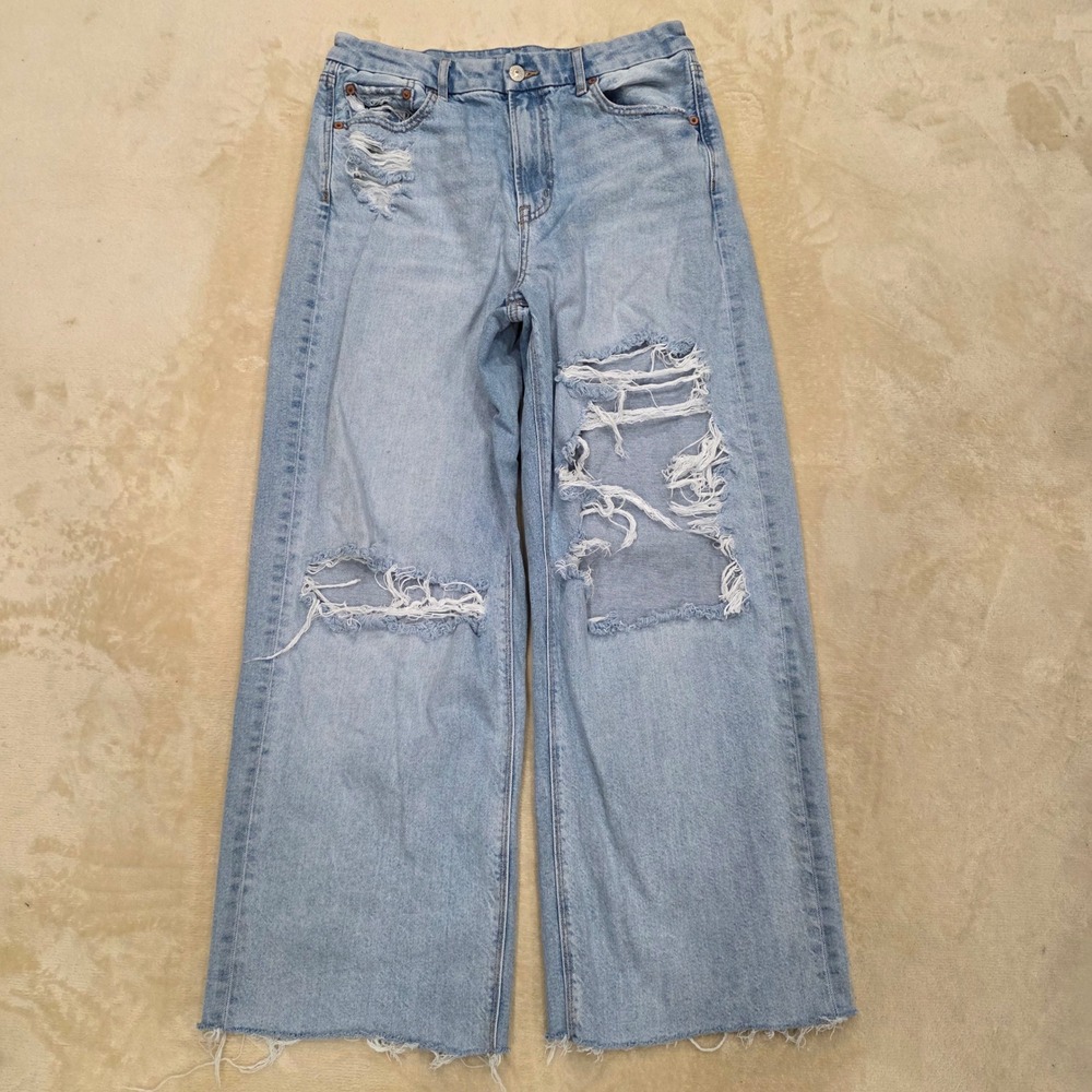 American Eagle Curvy Super High Rise Baggy Straight Jeans Sz 10 Distressed